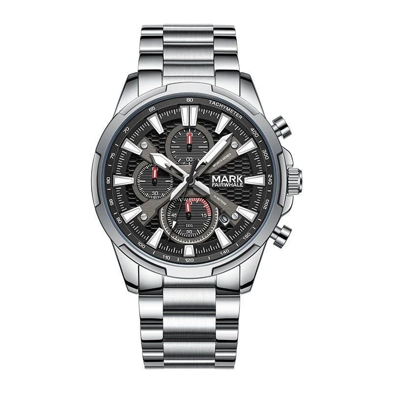 Mark Fairwhale Waterproof Men's  Quartz Watch Stainless Steel Band 3Eye Luminous Dial  Scratch-Resistant Business Chronograph-7