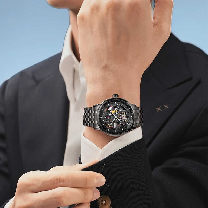 Mark Fairwhale Luxury Skeleton Design Wrist Watch Stainless Steel Strap Waterproof Business Automatic Mens Mechanical Watches-5