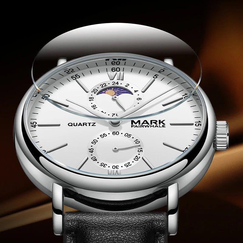 Mark Fairwhale 2023 Business Men Watches Brand Leather Waterproof Sport Quartz Chronograph Watch Men Clock-2