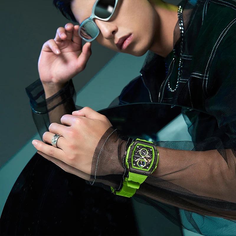 Mark Fairwhale New Design Automatic Mechanical Watch for Man Skeleton Luminous Hands Moon Phase Waterproof Rubber-4