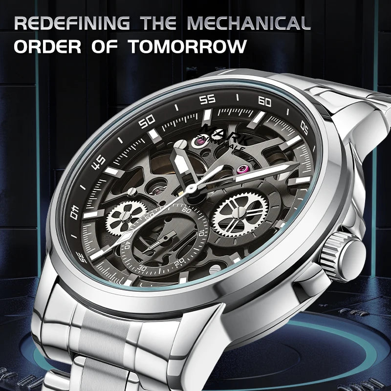 Mark Fairwhale Automatic Mechanical Skeleton Watch Luminous Water Resistant Metal Mens Casual Commute Watch-0