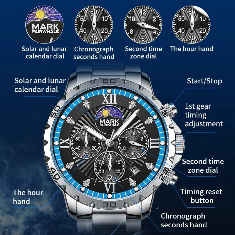 Mark Fairwhale New Luxury Men Watches Business Wristwatch Waterproof Luminous Date Quartz Watch Stainless Steel  Band Wrisswatch-4