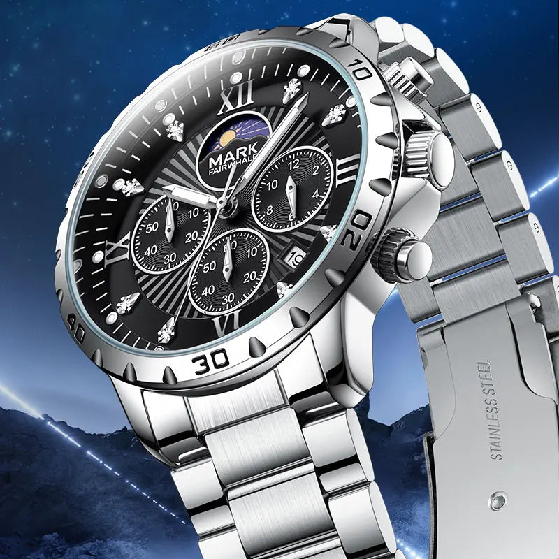 Mark Fairwhale New Luxury Men Watches Business Wristwatch Waterproof Luminous Date Quartz Watch Stainless Steel  Band Wrisswatch-0